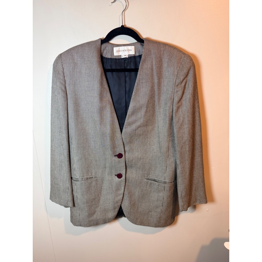 Jones New York Womens Houndstooth Collarless Blazer Black White Burgundy Size 8 - Picture 2 of 8